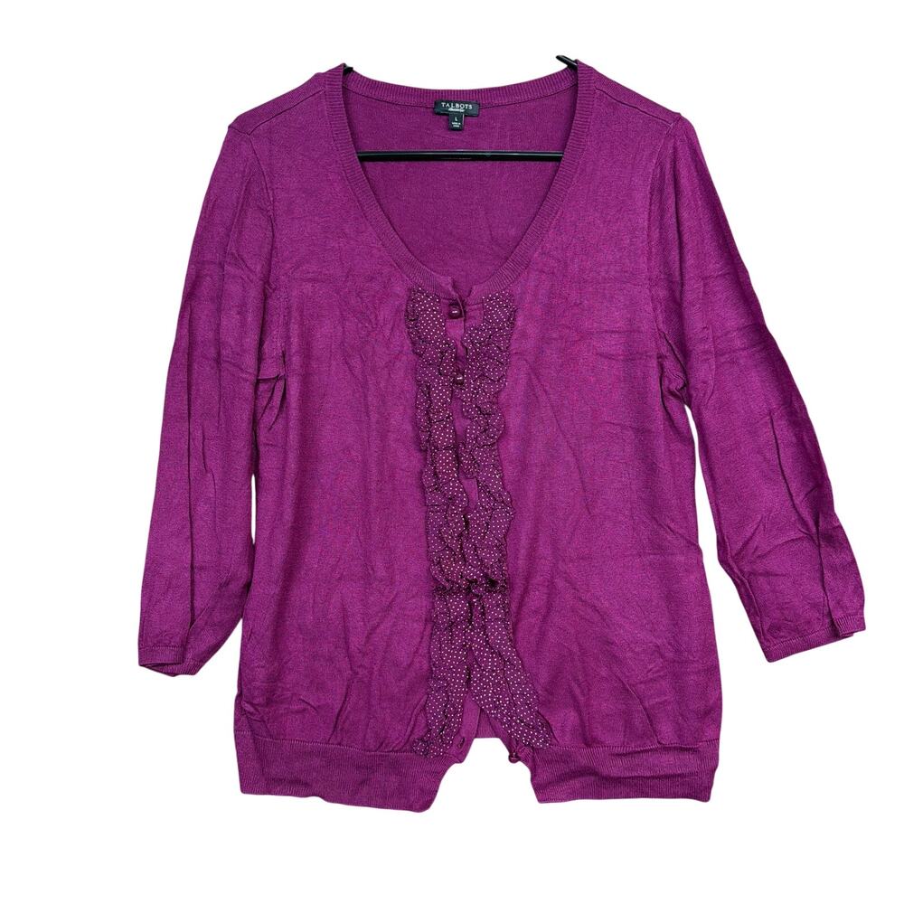 Talbots Womens Cardigan Purple Silk Cotton 3/4 Sleeve Button Ruffle VFront Large